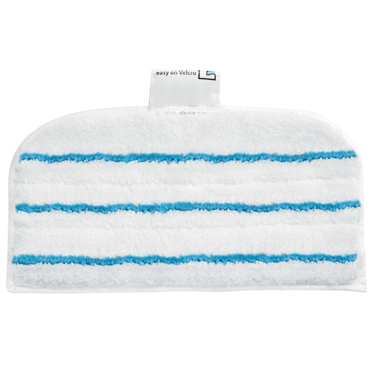 A close-up of a white microfiber mop pad with blue horizontal stripes and a fabric tab at the top labeled 'easy on Velcro'.