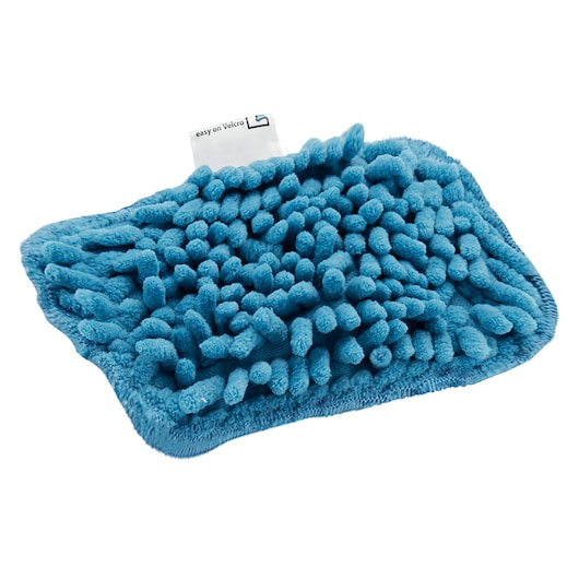A blue microfiber mop pad with textured chenille surface and a tag that reads 'easy on Velcro'.