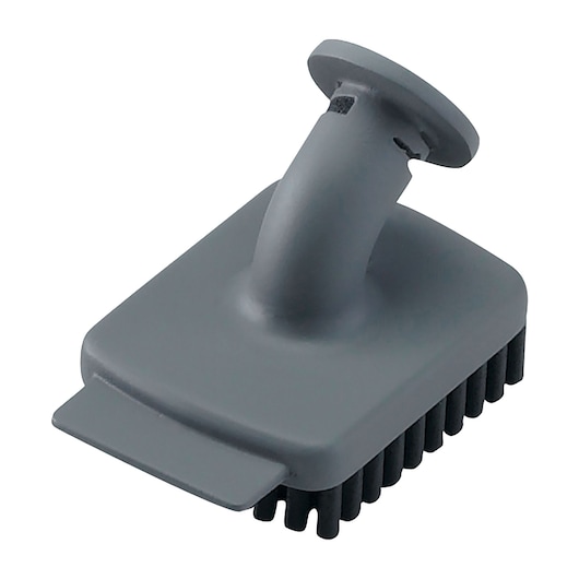 A close-up view of a rectangular grey cleaning brush attachment with black bristles and an angled handle, designed for use with a BLACK+DECKER product.