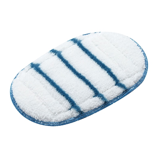 A close-up view of a white oval microfiber cleaning pad with blue stripes and blue trim around the edge. The pad is designed for use with a steam mop.