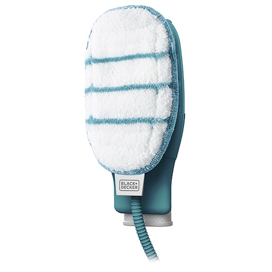 A BLACK+DECKER electric cleaning glove with a white and blue microfiber pad, designed for household cleaning.