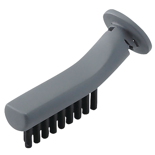 A close-up image of a gray plastic cleaning brush attachment with black bristles designed for use with a cleaning appliance.