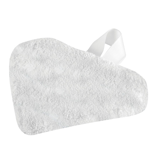 A white, triangular microfiber pad with a loop handle, designed for use with a steam mop.
