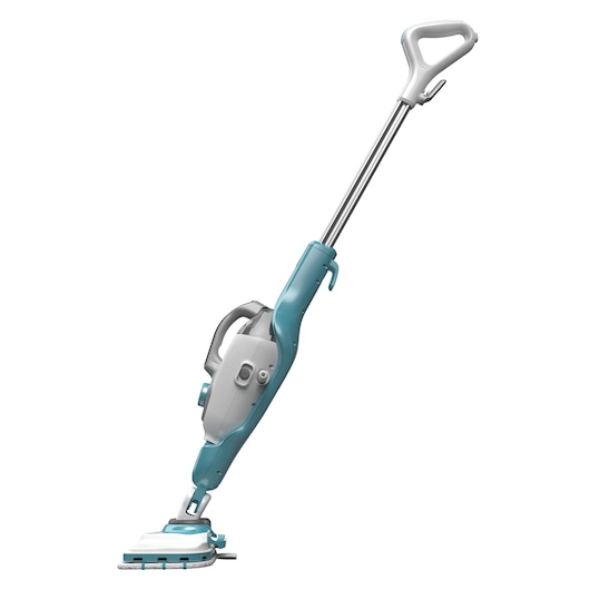 A light blue and white steam mop with a handle, detachable handheld unit, and rectangular mop head, shown against a white background.