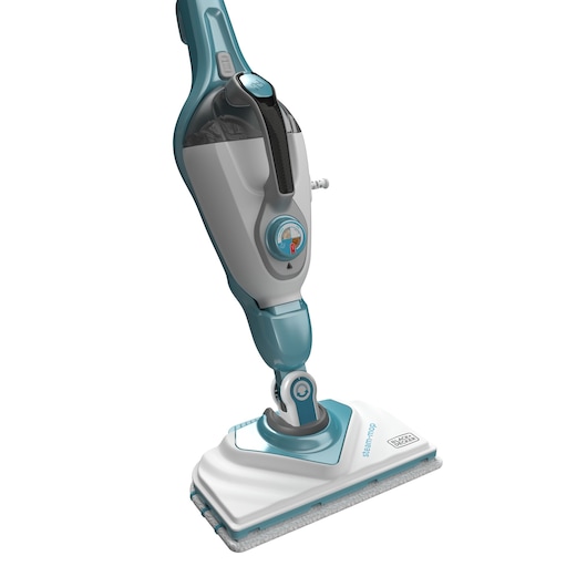 A BLACK+DECKER steam mop with a grey and blue design. The mop features a rectangular cleaning head with a microfiber pad attached. The handle has a control dial and a black strap, and the body displays the BLACK+DECKER logo and the word 'steam mop.'