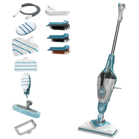 A BLACK+DECKER steam mop (SKU: BHSM168DSM) with various accessories, including multiple cleaning pads, brush attachments, a hose, and cleaning heads, all arranged around the main mop unit.