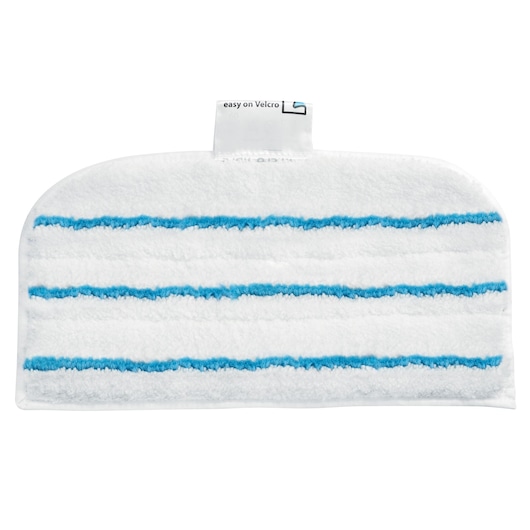 A rectangular white microfiber cleaning pad with three horizontal blue stripes, designed for use with a steam mop. There is a small fabric tab at the top for easy attachment.