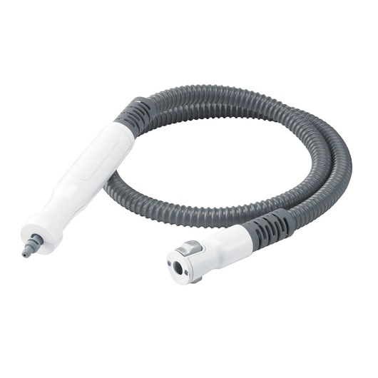 A flexible coiled hose attachment with white and grey connectors at both ends, designed for use with a BLACK+DECKER steam cleaner.