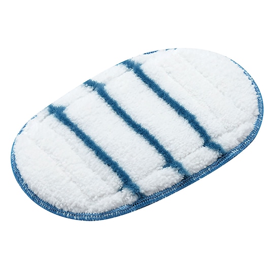 A close-up image of a white oval microfiber steam mop pad with blue stripes and blue edge trim.