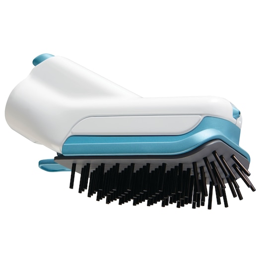 A close-up image of a BLACK+DECKER cleaning brush attachment, featuring a white and blue body with black bristles.
