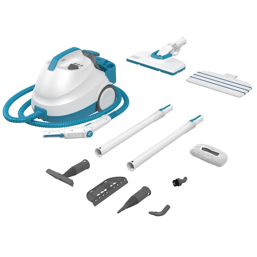 A BLACK+DECKER steam cleaner photography kit model BHSMP2008 with various attachments including a main unit, floor head, mop pad, extension tubes, and multiple specialized nozzles and brushes, all displayed on a white background.
