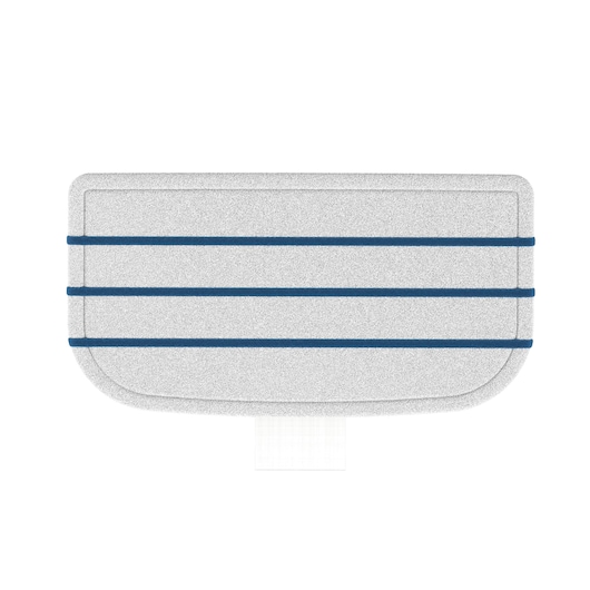 A rectangular microfiber mop pad with three parallel blue stripes. The pad has rounded corners and a small white tab at the bottom center.
