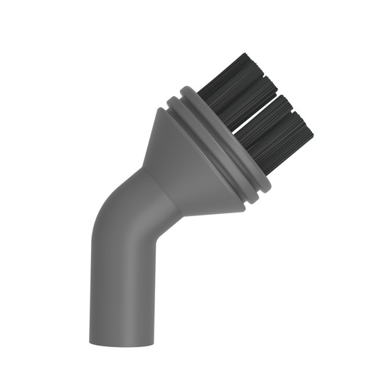 A gray angled plastic brush attachment with black bristles, designed for cleaning and compatible with BLACK+DECKER products.