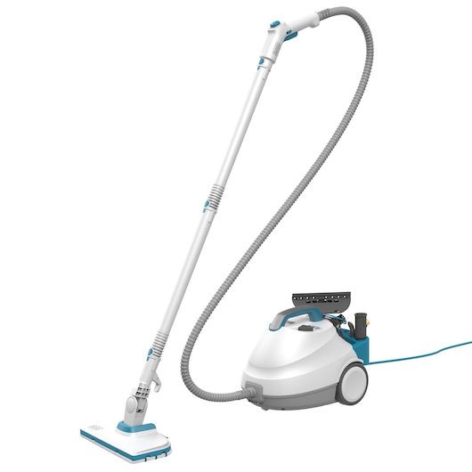 A BLACK+DECKER steam cleaner with a long hose and mop attachment. The device is predominantly white with blue and grey accents, featuring wheels for mobility and an ergonomic handle, suitable for cleaning floors.