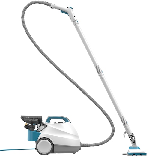 A white and gray steam cleaner with a long flexible hose and an upright handle, featuring a cleaning head attachment and wheels for easy movement.