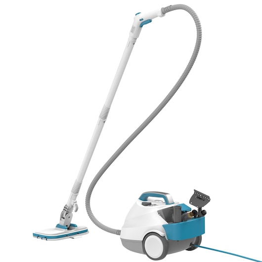 A BLACK+DECKER steam mop and cleaning system with a long handle, flexible hose, and a variety of attachments stored on the base. The device is mostly white with blue accents.