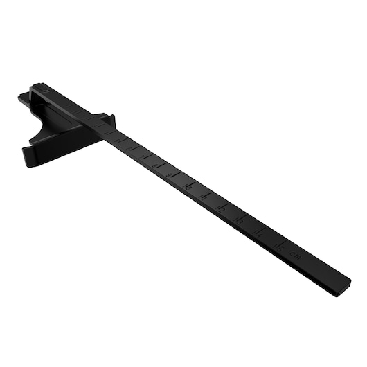 BLACKDECKER BLCJS78E1 black plastic cutting guide accessory with measurement scale, angled on white background.