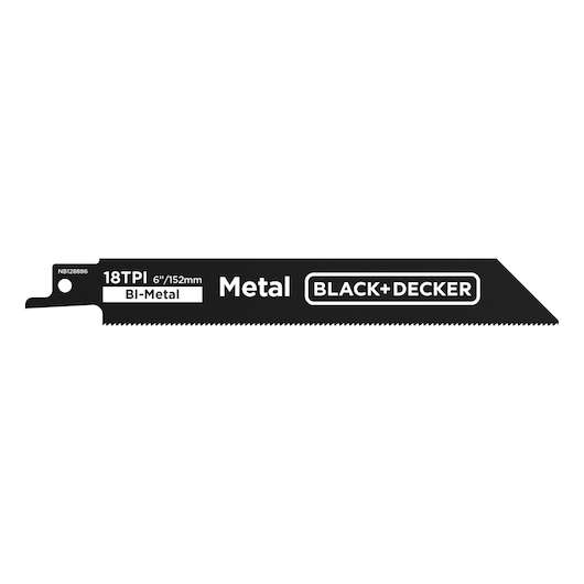 BLACK+DECKER BLCR78E1 bi-metal reciprocating saw blade for metal, 6 inch, 18 TPI, side view on white background.