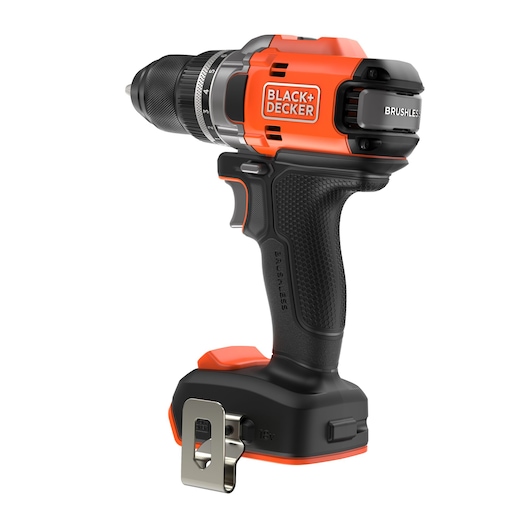 A BLACK+DECKER cordless brushless drill with an ergonomic black and orange handle and a metal belt clip, shown from a side angle.