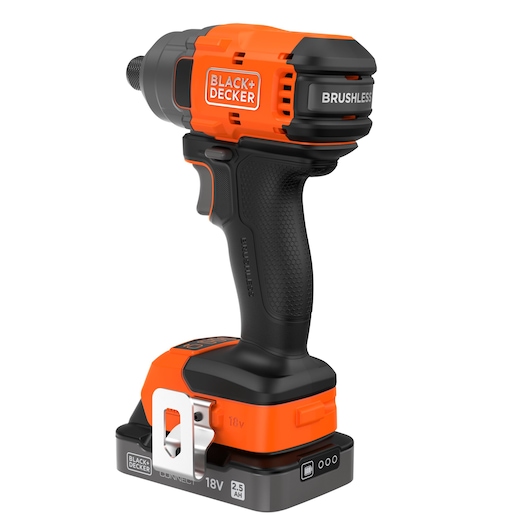 A BLACK+DECKER brushless cordless power tool, specifically an 18V impact driver with an orange and black design. The battery pack is attached at the base and includes a metal belt clip.