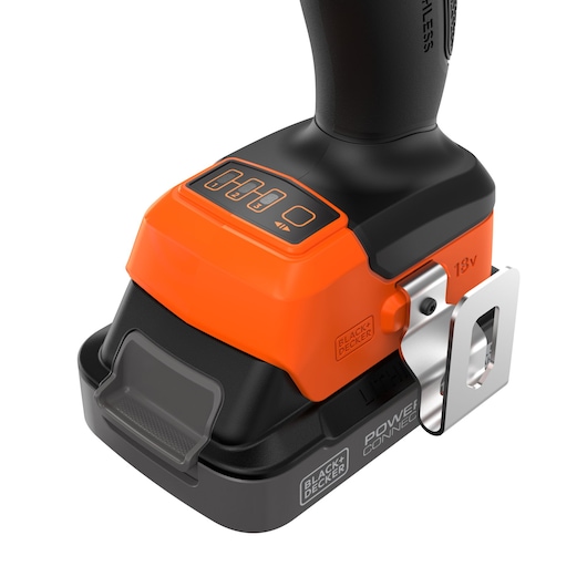 BLACKDECKER BLIM78E1K cordless tool base, orange and black, battery indicator, metal belt clip, 18V, white background photo.