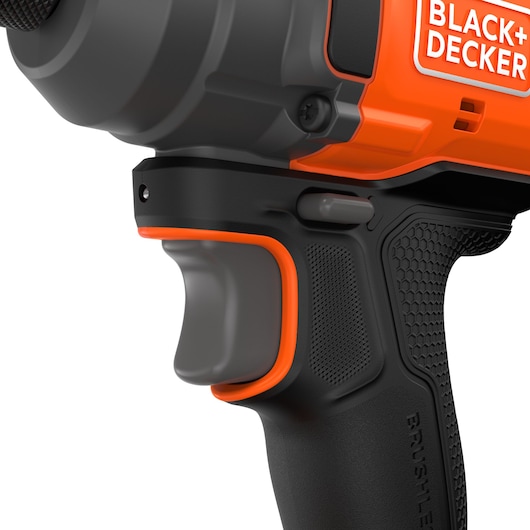 BLACK+DECKER BLIM78E1K power tool handle close-up, black and orange grip with trigger, white background.