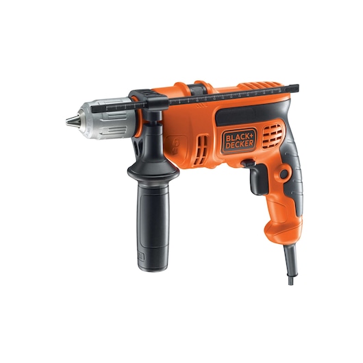 An orange and black BLACK+DECKER corded electric drill with a side handle and depth gauge, shown against a white background.