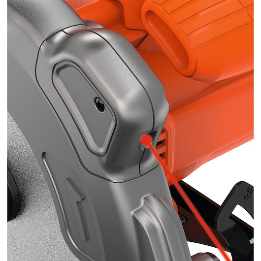 Close-up image of a BLACK+DECKER circular saw showing the integrated red laser guide feature for accurate cutting.