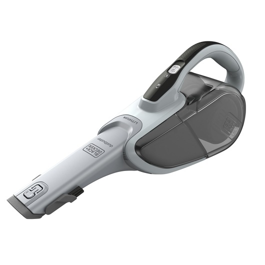 A handheld BLACK+DECKER cordless vacuum cleaner with a sleek, modern design in light grey and black.