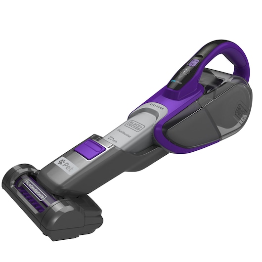 BLACKDECKER DVJ325BFSP handheld vacuum cleaner, grey and purple, side angle on white background.