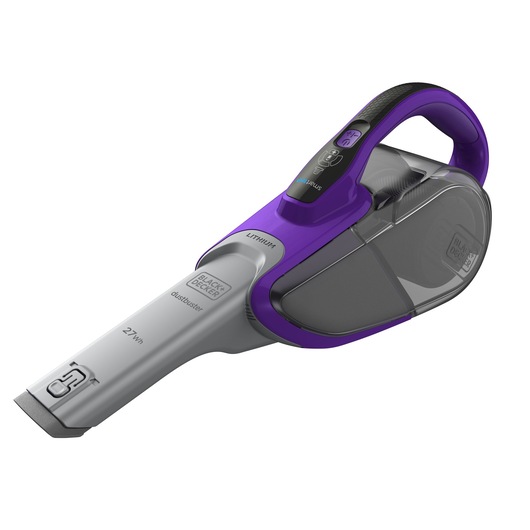 BLACKDECKER DVJ325BFSP handheld vacuum with purple and grey body, side angle on white background.