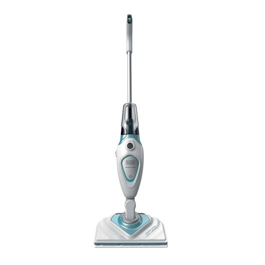 A BLACK+DECKER steam mop with a white and teal design, shown standing upright on a plain white background.