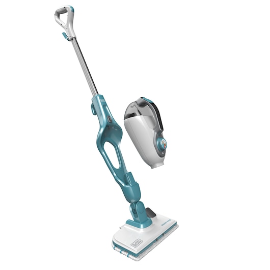 BLACKDECKER FSMH13151SM steam mop with detachable handheld unit, white and turquoise, front angle.