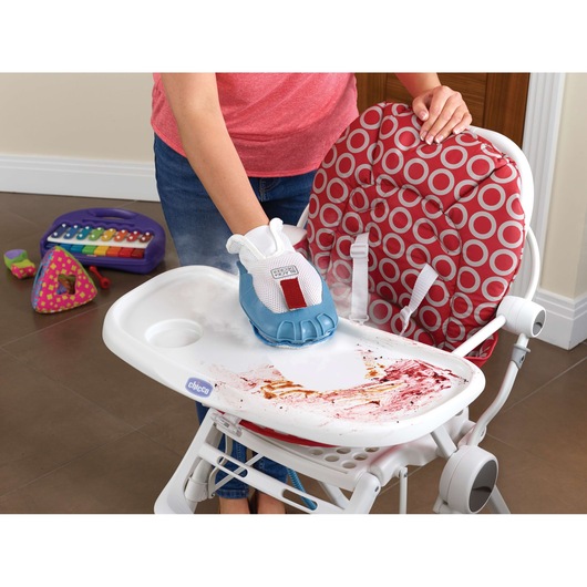 BLACKDECKER FSMH13151SM steam cleaning glove wiping dirty high chair tray, front angle