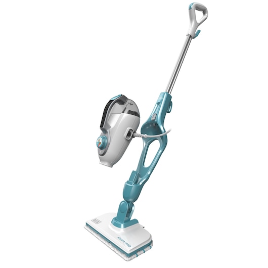 BLACKDECKER FSMH1321 steam mop and handheld cleaner, white and teal, front angle on white background.