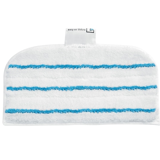 BLACKDECKER FSMH1321 white mop pad with blue stripes, photographed from front on white background.