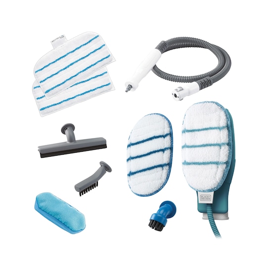 BLACK+DECKER FSMH1351SM steam cleaning system with white and blue pads, accessories, hose, and brushes, front angle.