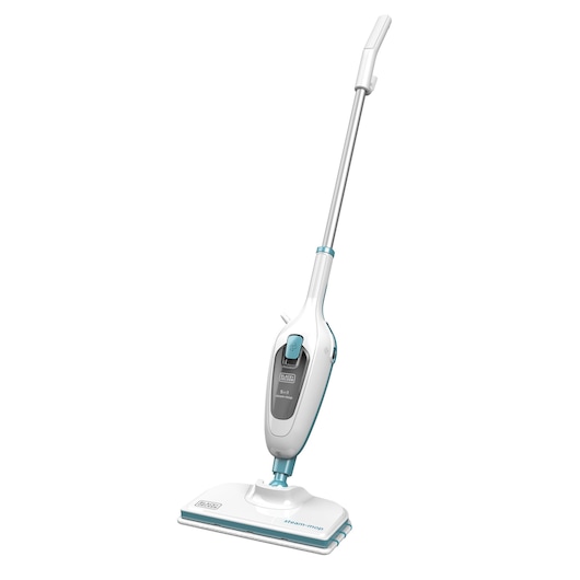 A BLACK+DECKER steam mop, model FSMH13E5, shown standing upright with a white and blue design.