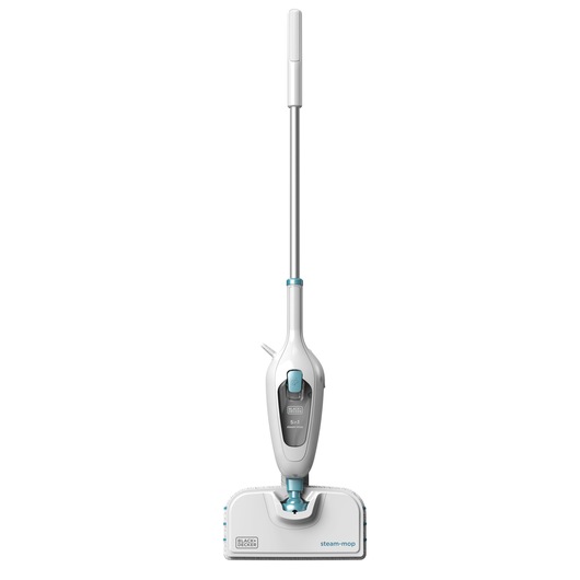 A BLACK+DECKER FSMH13E5 steam mop with a white and blue design, shown upright on a white background.