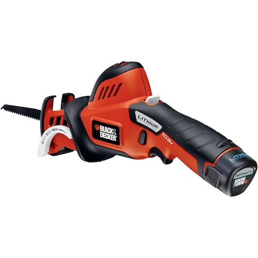 A BLACK+DECKER cordless reciprocating saw with a 10.8V lithium battery, featuring a black and orange ergonomic design.