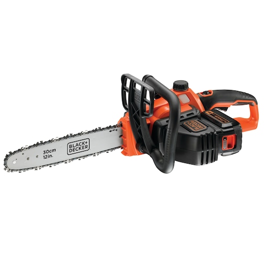 A BLACK+DECKER cordless chainsaw with a 30 cm (12 inch) blade is shown, featuring an orange and black design and ergonomic handle.