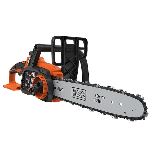 A BLACK+DECKER cordless chainsaw with a 30 cm (12 inch) blade, featuring an orange and black design.