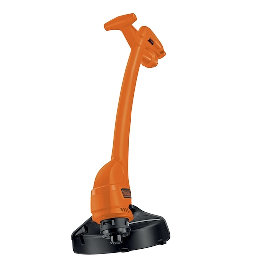 An orange and black electric grass trimmer with a curved handle, designed for garden lawn care.
