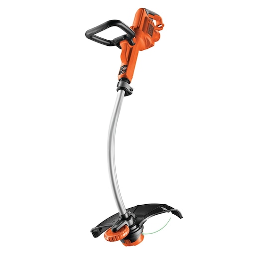 An electric grass trimmer with an orange and black handle, a curved silver shaft, and a protective black guard at the cutting end. The tool is designed for lawn and garden maintenance.