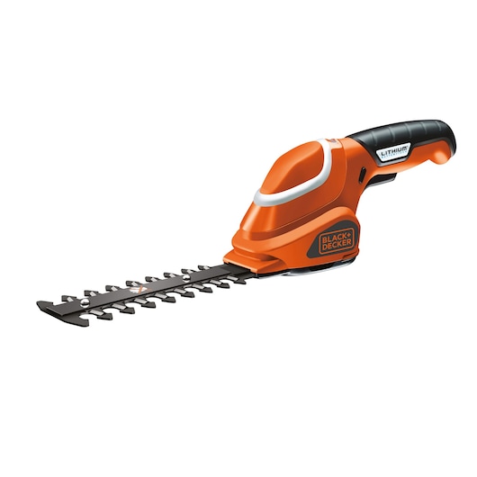 A BLACK+DECKER cordless handheld grass and shrub trimmer with an orange and black design, featuring a lithium battery.