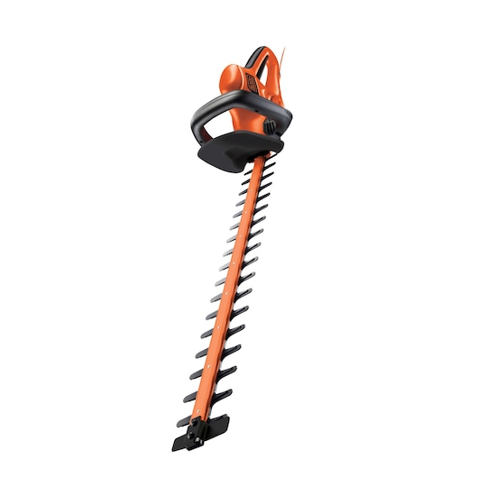 An orange and black electric hedge trimmer with a long blade and ergonomic handle is shown against a white background.