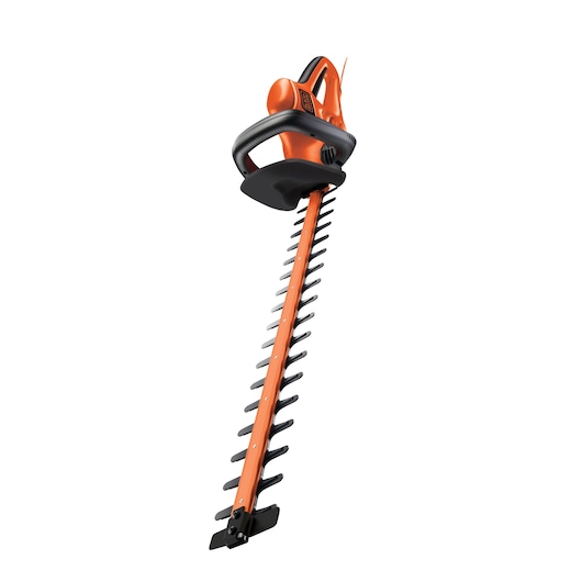 An electric hedge trimmer with an orange and black design, featuring a long dual-action blade and a protective front handle. The device is shown isolated on a white background.