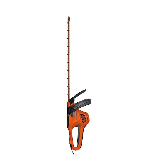 An orange and black electric hedge trimmer with a long blade and ergonomic handle, shown upright against a white background.