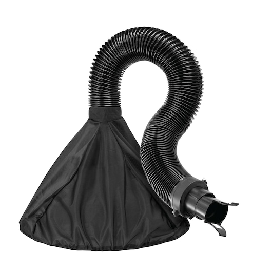 A BLACK+DECKER garden vacuum accessory shown against a white background. The product consists of a flexible black hose and a black collection bag, typically used for collecting leaves and garden debris.