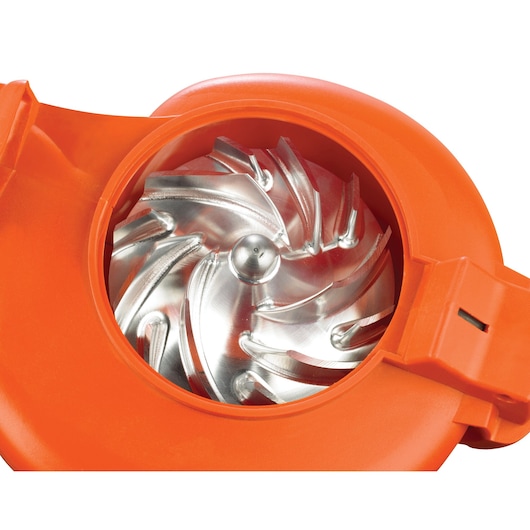 BLACKDECKER GW3050 garden blower shredder metal blade close-up, orange casing, front angle.